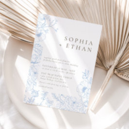 Elegant Fransk Blue Blommigt Line Art Bröllop Inbjudningar