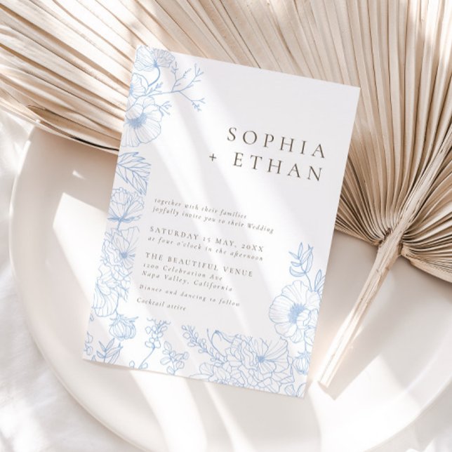 Elegant Fransk Blue Blommigt Line Art Bröllop Inbjudningar (Skapare uppladdad)