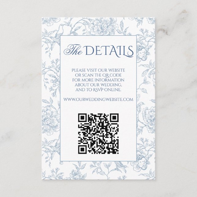 Elegant Fransk Blue Blommigt Toile QR-kodwebbplats Tilläggskort (Framsida)