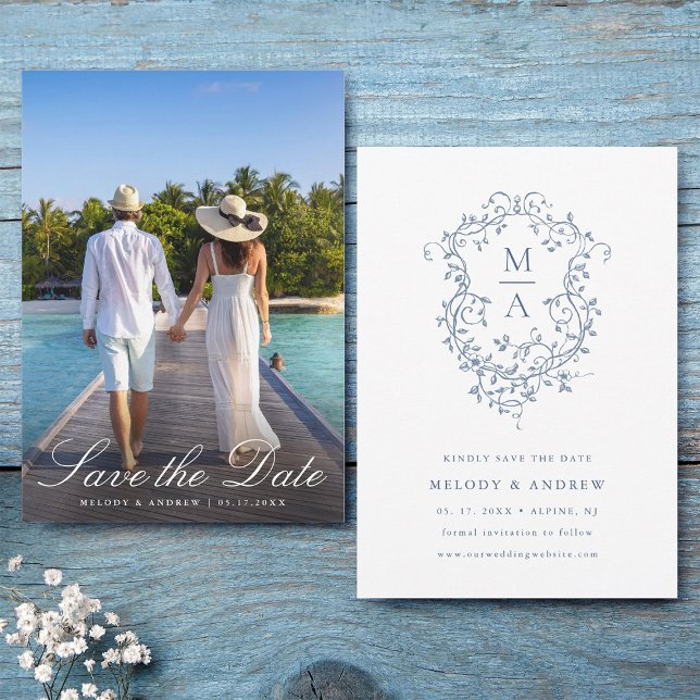 Elegant Fransk Blue Blommigt Vapensköld Bröllop Ph Spara Datumet (Front & Back)