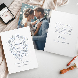 Elegant Fransk Blue Blommigt Vapensköld Bröllop Ph Tack Kort