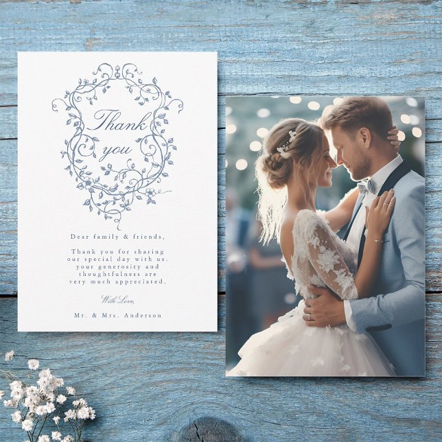 Elegant Fransk Blue Blommigt Vapensköld Bröllop Ph Tack Kort (Front & Back)