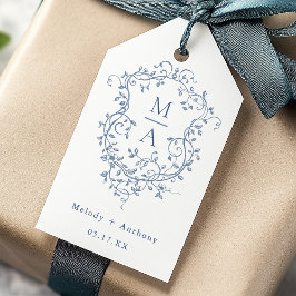 Elegant Fransk Blue Blommigt Vapensköld Bröllop Presentetikett