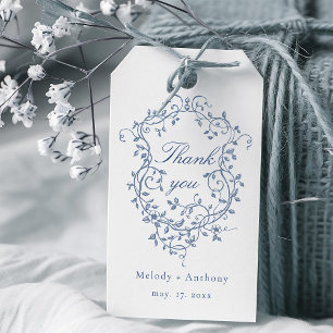 Elegant Fransk Blue Blommigt Vapensköld Bröllop Ta Presentetikett