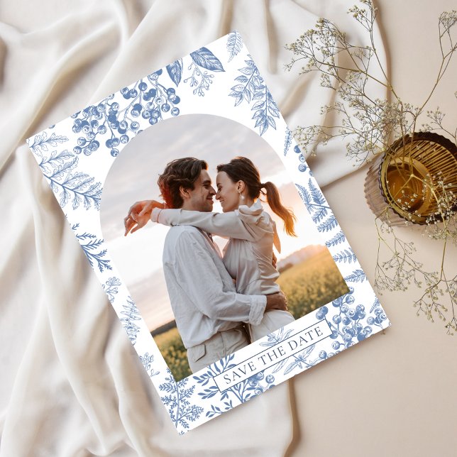 Elegant Fransk Blue Bloom Blommigt Bröllop Spara Datumet (Elegant French Blue Bloom Floral Wedding Save The Date)
