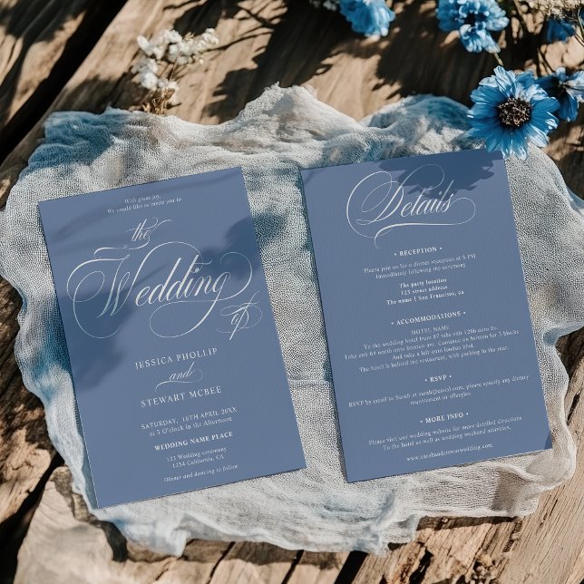 Elegant Fransk Blue Script All i One Bröllop Inbjudningar (Elegant French Blue Script All in One Wedding Invitation)