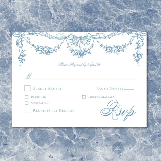 Elegant Fransk Blue Victorian Chinoiserie Bröllop OSA Kort (Elegant French Blue Victorian Chinoiserie Wedding RSVP Card)