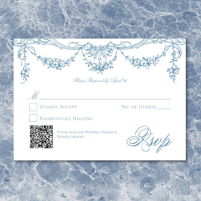 Elegant Fransk Blue Victorian Chinoiserie Bröllop OSA Kort (Elegant French Blue Victorian Chinoiserie Wedding RSVP Card)