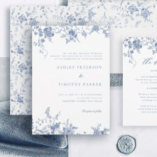 Elegant Fransk Blue Vintage Blommigt Bröllop Inbjudningar