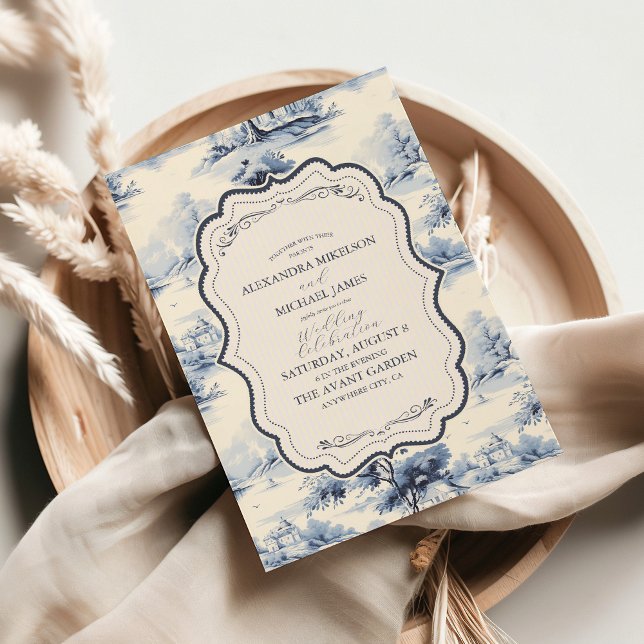 Elegant Fransk Blue Vintage Blommigt Bröllop Inbjudningar (Skapare uppladdad)