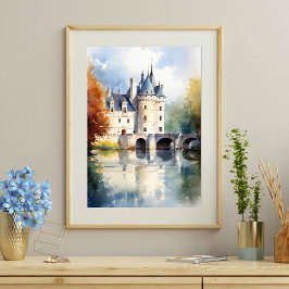 Elegant Fransk Castle Watercolor Poster