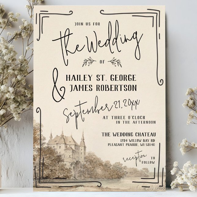 Elegant Fransk Chateau Hand plockade Beige Bröllop Inbjudningar (Elegant hand drawn quirky whimsical French chateau fantasy black and ivory cream wedding invitation)