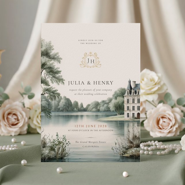 Elegant fransk Château-monogram bröllopsinbjudan Inbjudningar (Skapare uppladdad)