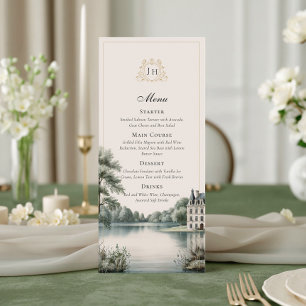 Elegant fransk Château-monogram bröllopsmenykort Meny