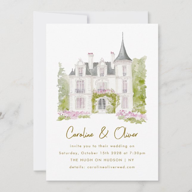 Elegant Fransk Chateau Watercolor Bröllop Inbjudningar (Framsida)