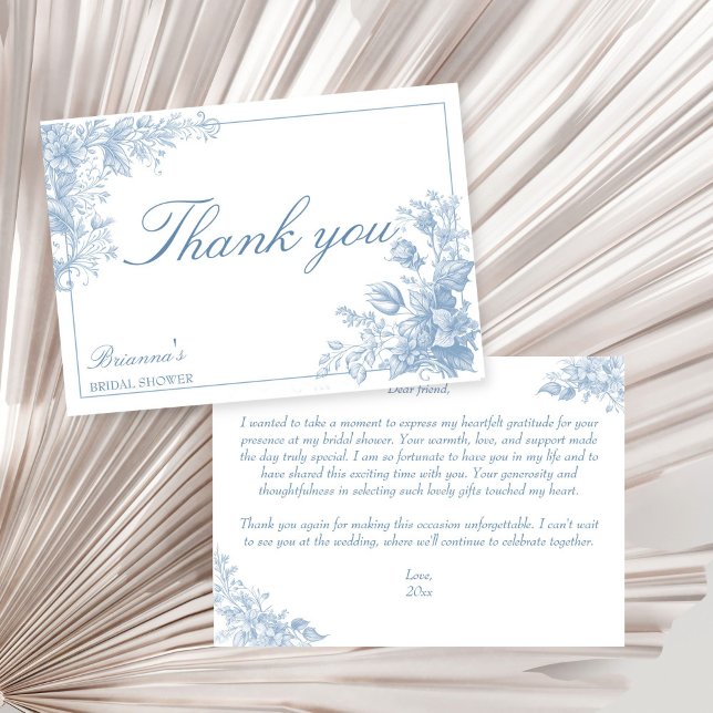Elegant fransk chinoiserie blå bröllopsdusch tack kort (Elegant French chinoiserie dusty blue bridal shower Thank You Card summer baroque vintage design)