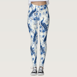 Elegant Fransk Chinoiserie Blue Watercolor Peacock Leggings