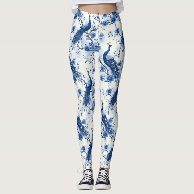 Elegant Fransk Chinoiserie Blue Watercolor Peacock Leggings (Framsida)
