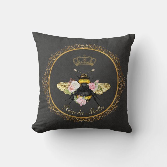 Elegant fransk drottningbipink rosor grå guld kudde (Framsida)