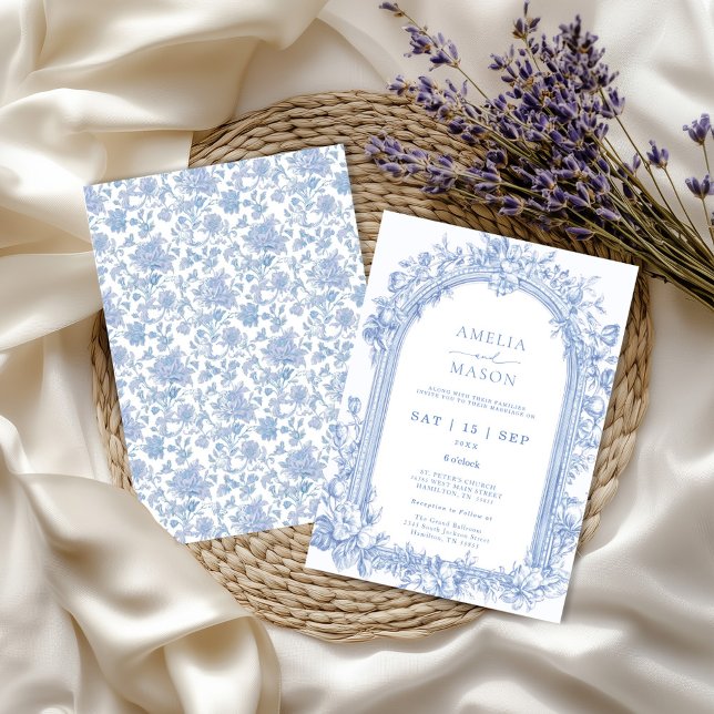Elegant Fransk Dusty Blue Vintage Arch Bröllop Inbjudningar (Elegant French Blue Toile Arched Wedding Invitation front and back)