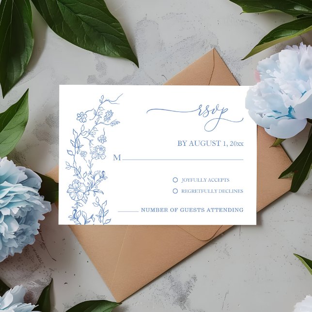 Elegant Fransk Dusty Blue Vintage bröllop OSA Kort (Vintage French Toile Blue Floral  Inspired wedding RSVP)