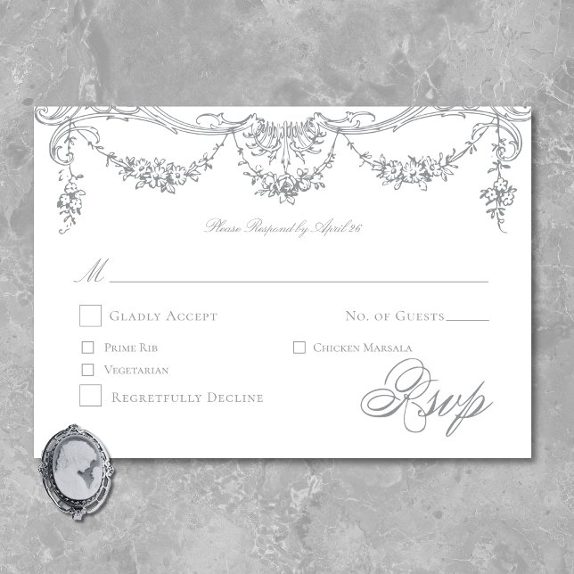 Elegant Fransk Grått Victorian Chinoiserie Bröllop OSA Kort (Elegant French Gray Victorian Chinoiserie Wedding RSVP Card)