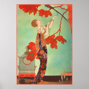 Elegant fransk jugendstils papegoja fågelbur trädg poster