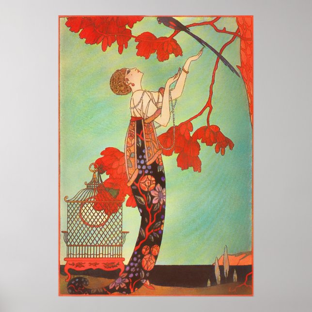 Elegant fransk jugendstils papegoja fågelbur trädg poster (Framsidan)