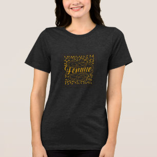 Elegant fransk kvinna kalligrafi botanisk guld t shirt