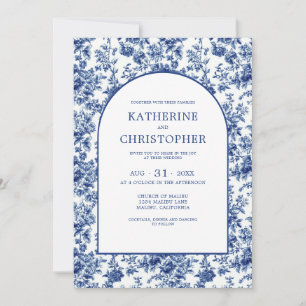 Elegant Fransk Land Blue Toile Blommigt Bröllop Inbjudningar