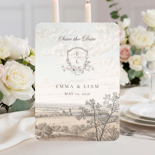 Elegant fransk landstil Toile Monogram Bröllop Spara Datumet (Skapare uppladdad)