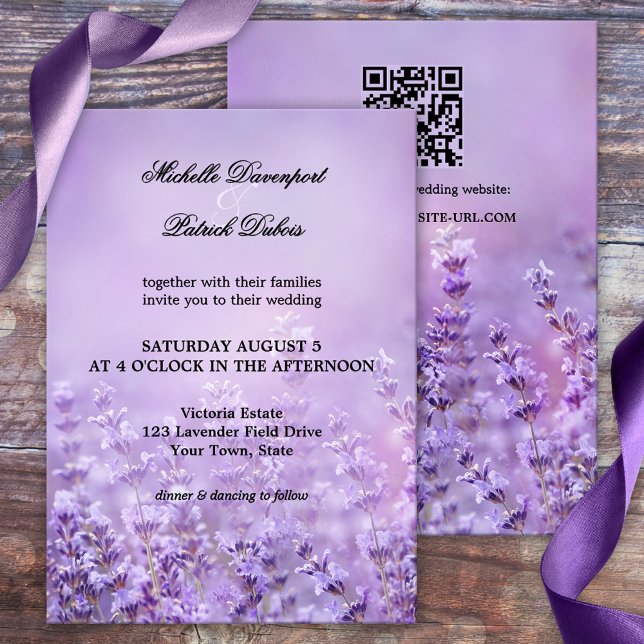 Elegant Fransk Lavender Bröllop Inbjudningar (Wedding invitation featuring a painting of lilac purple lavender flowers - French wedding)