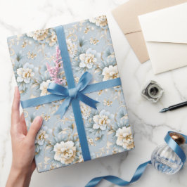 Elegant Fransk Pulver Blue, Vit och Guld Blommigt Presentpapper