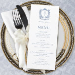 Elegant Fransk Ro Blue Monogram Vapensköld Bröllop Meny<br><div class="desc">Det här menykortet Ro Blue Monogram Vapensköld Bröllop i Elegant är perfekt för ditt formella baroque stil bröllop,  med Fransk-vintage-sköld och klassisk tidslinslättslig typografi.</div>