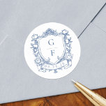 Elegant Fransk Ro Blue Monogram Vapensköld Bröllop Runt Klistermärke<br><div class="desc">De här Elegant Fransk Ro Blue Monogram Vapensköld Wedding-klistermärken är perfekt för favoriter,  platskort och annat. De har ett tidsbegränsat vintage-monogram för blommigt av Fransk för  i vapensköld bröllop.</div>