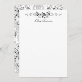 Elegant Fransk Rococo Black and White Blommigt Anteckningskort