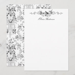 Elegant Fransk Rococo Black and White Blommigt Anteckningskort