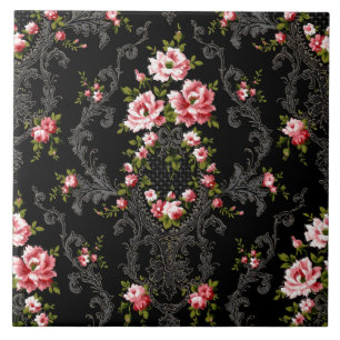 Elegant Fransk Rococo Blommigt-Black Background Kakelplatta