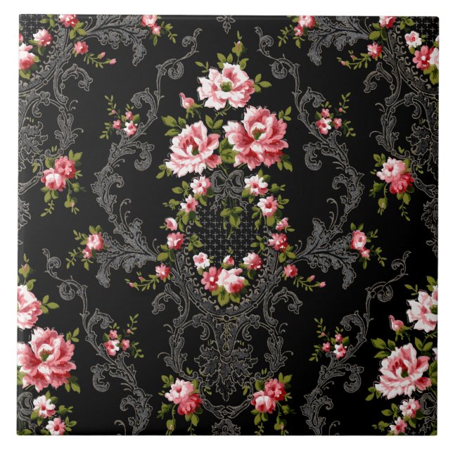 Elegant Fransk Rococo Blommigt-Black Background Kakelplatta (Framsidan)