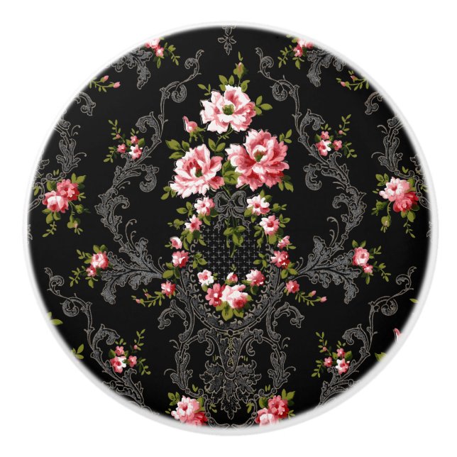 Elegant Fransk Rococo Blommigt-Black Background Knopp (Framsidan)