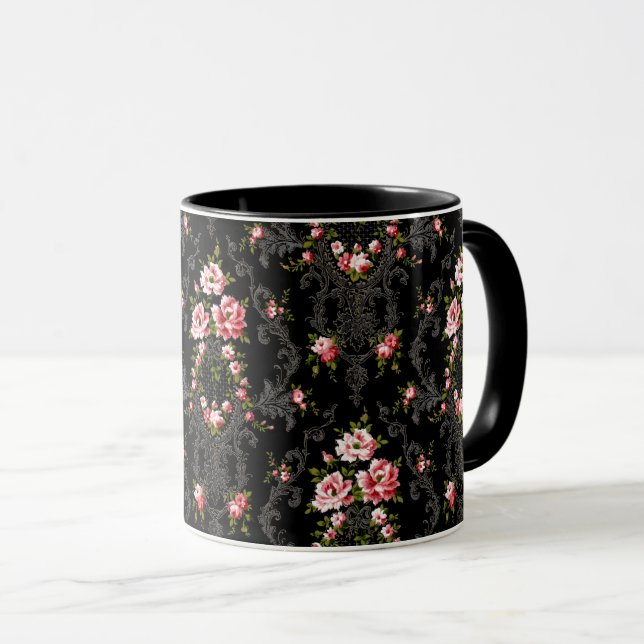 Elegant Fransk Rococo Blommigt-Black Background Mugg (Framsida höger)