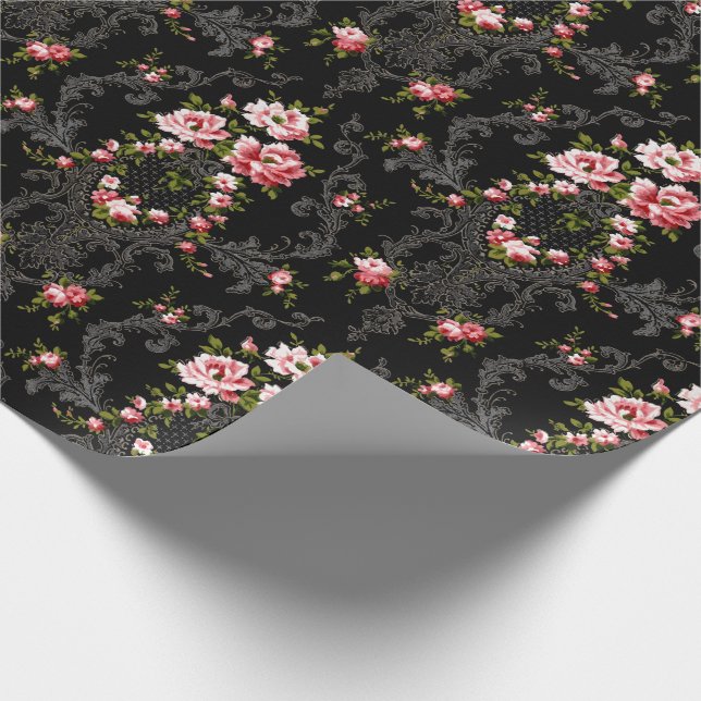 Elegant Fransk Rococo Blommigt-Black Background Presentpapper (Hörn)