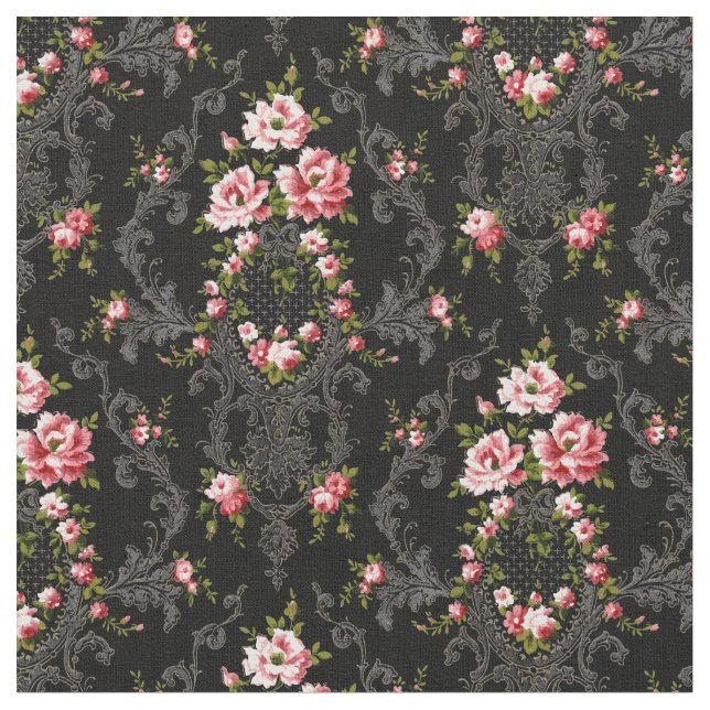 Elegant Fransk Rococo Blommigt-Black Background Tyg (Närbild)