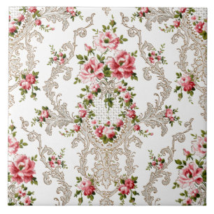 Elegant Fransk Rococo Blommigt - vit bakgrund Kakelplatta