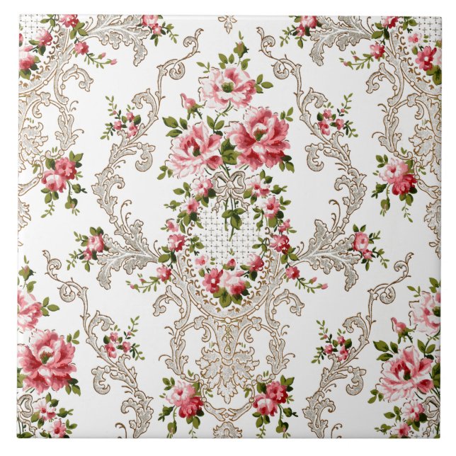 Elegant Fransk Rococo Blommigt - vit bakgrund Kakelplatta (Framsidan)