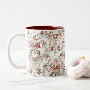 Elegant Fransk Rococo Blommigt - vit bakgrund Två-Tonad Mugg