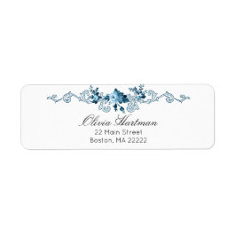 Elegant Fransk Rococo Blue & White Blommigt Returadress Etikett