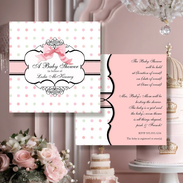 Elegant Fransk Rosa Ribbon Bow Dot Swirl Inbjudningar (Skapare uppladdad)