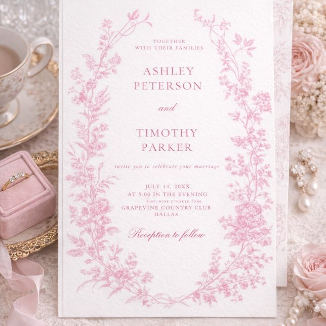 Elegant fransk rosa Toile blommig bröllop  Inbjudningar (Skapare uppladdad)