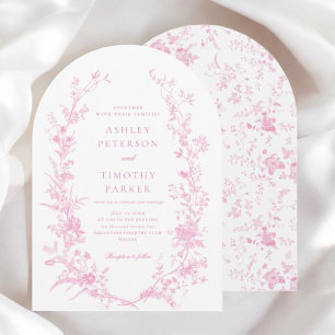 Elegant Fransk Rosa Toile Blommigt Bröllop Arch Inbjudningar